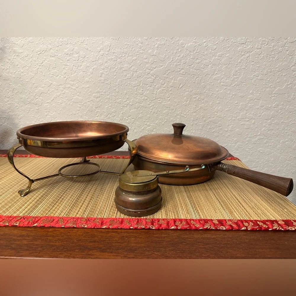 Copper & Brass Chafing Dish Wood Handle Made in Pescia Italy